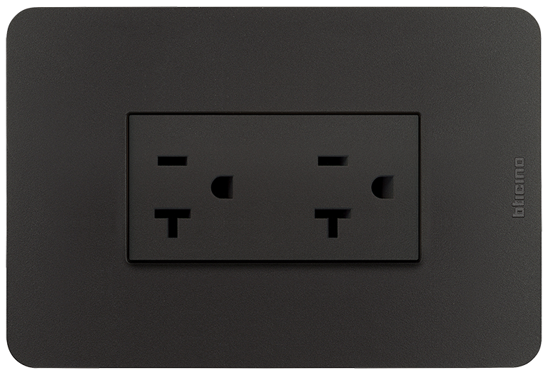 Tomacorriente Dúplex Grado Especificación Comercial 2P+T 20A, 125V~, incluye placa, 1 Gang Negro Mate. 1301655