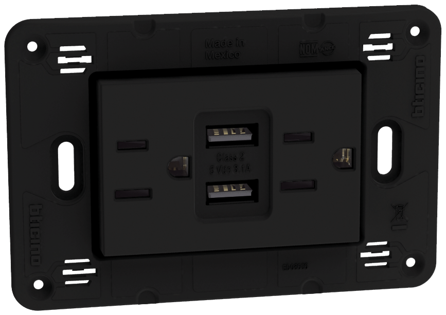 Tomacorriente Dúplex 2P+T con protección infantil  15A, 125V~ con 2 cargadores USB A+A 3.1A- 5Vcd, 3 mod. Negro Mate 1301662