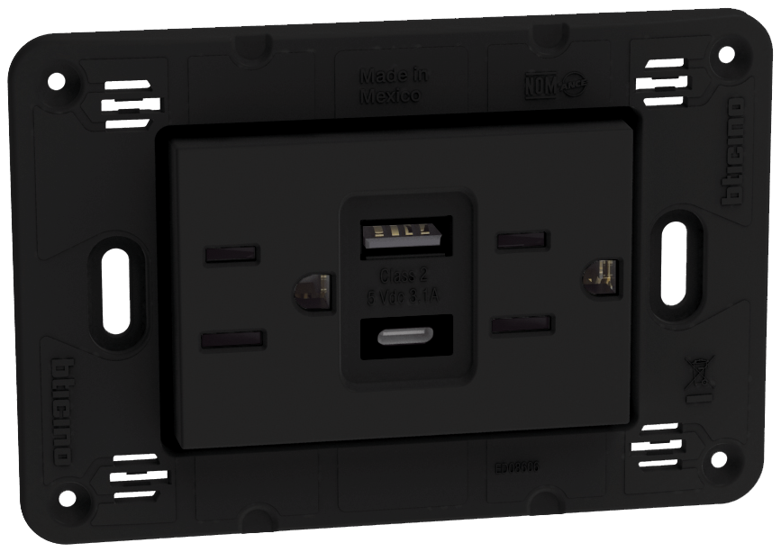 Tomacorriente Dúplex 2P +T con protección infantil  15A, 125V~ con 2 cargadores USB A+C 3.1A- 5Vcd, 3 mod. Negro Mate 1301663