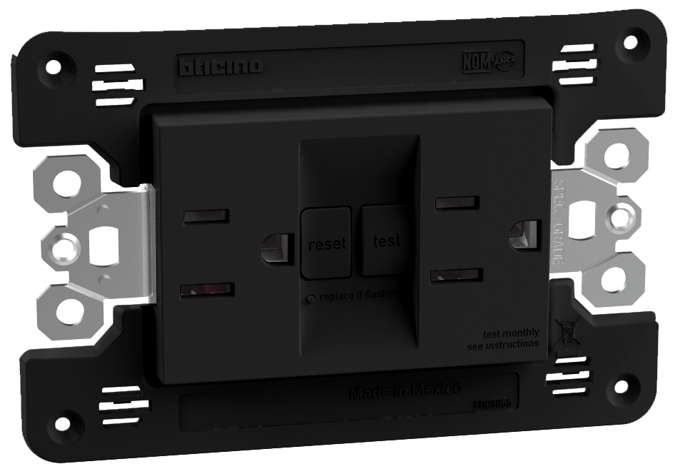 Tomacorriente Dúplex con ICFT 15A, 125V~ autoprotegida, con protección infantil, 3 mod. Negro Mate 1301664