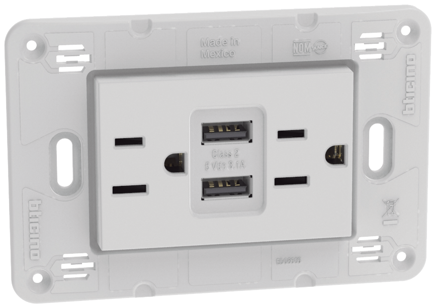 Tomacorriente Dúplex 2P+T con protección infantil  15A, 125V~ con 2 cargadores USB A+A 3.1A- 5Vcd, 3 mod. Blanco 1301677