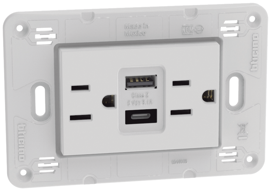 Tomacorriente Dúplex 2P +T con protección infantil  15A, 125V~ con 2 cargadores USB A+C 3.1A- 5Vcd, 3 mod. Blanco 1301678
