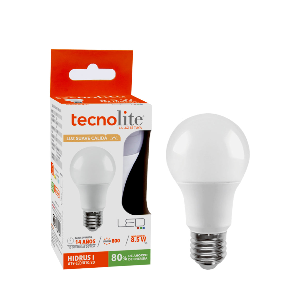 Foco LED A19 8.5W E27 3000K - Vista principal