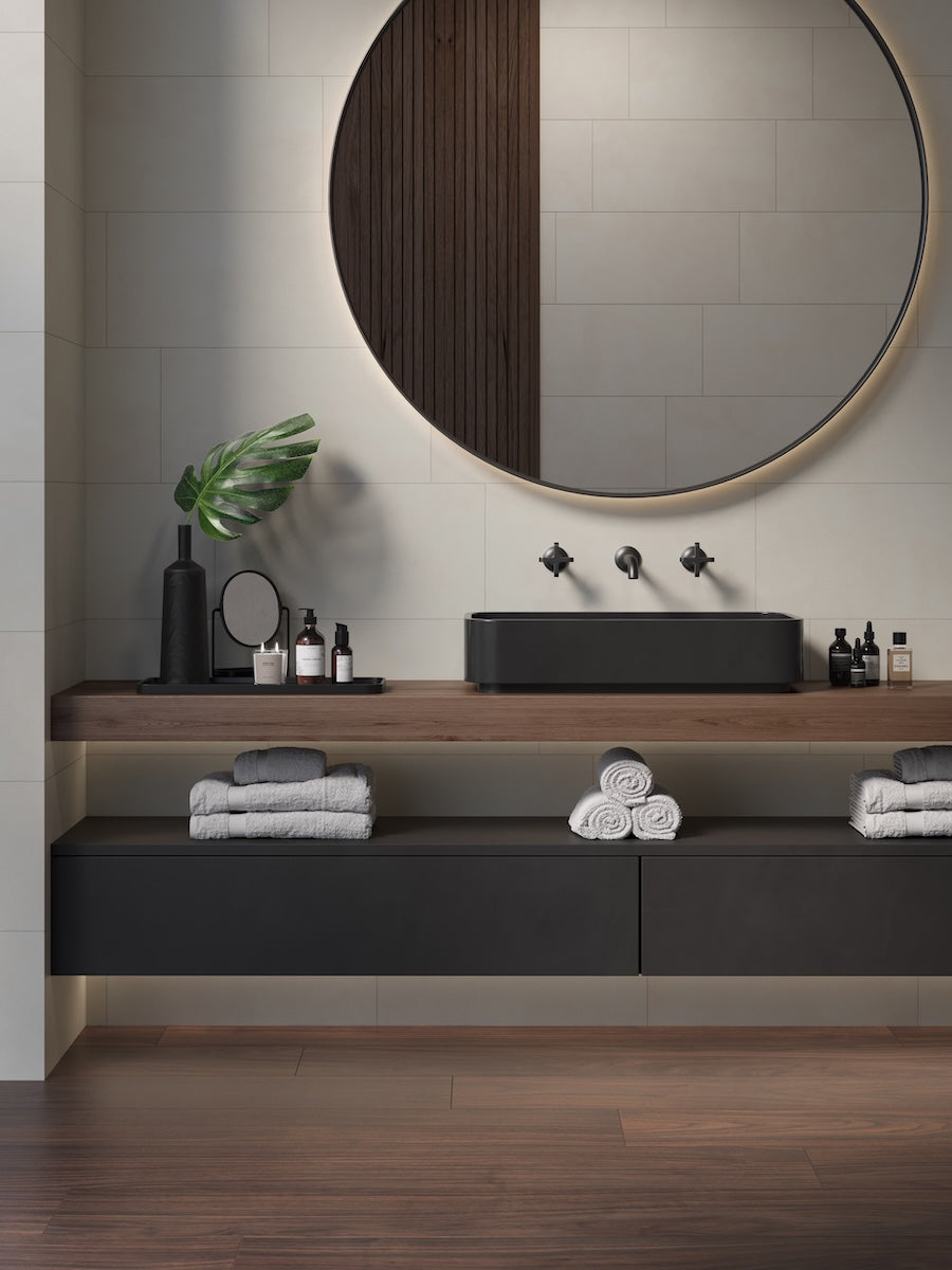 Render ambiente Leighton Sand con Merlot Wood Cesantoni