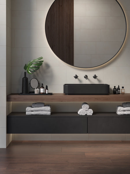 Render ambiente Leighton Sand con Merlot Wood Cesantoni