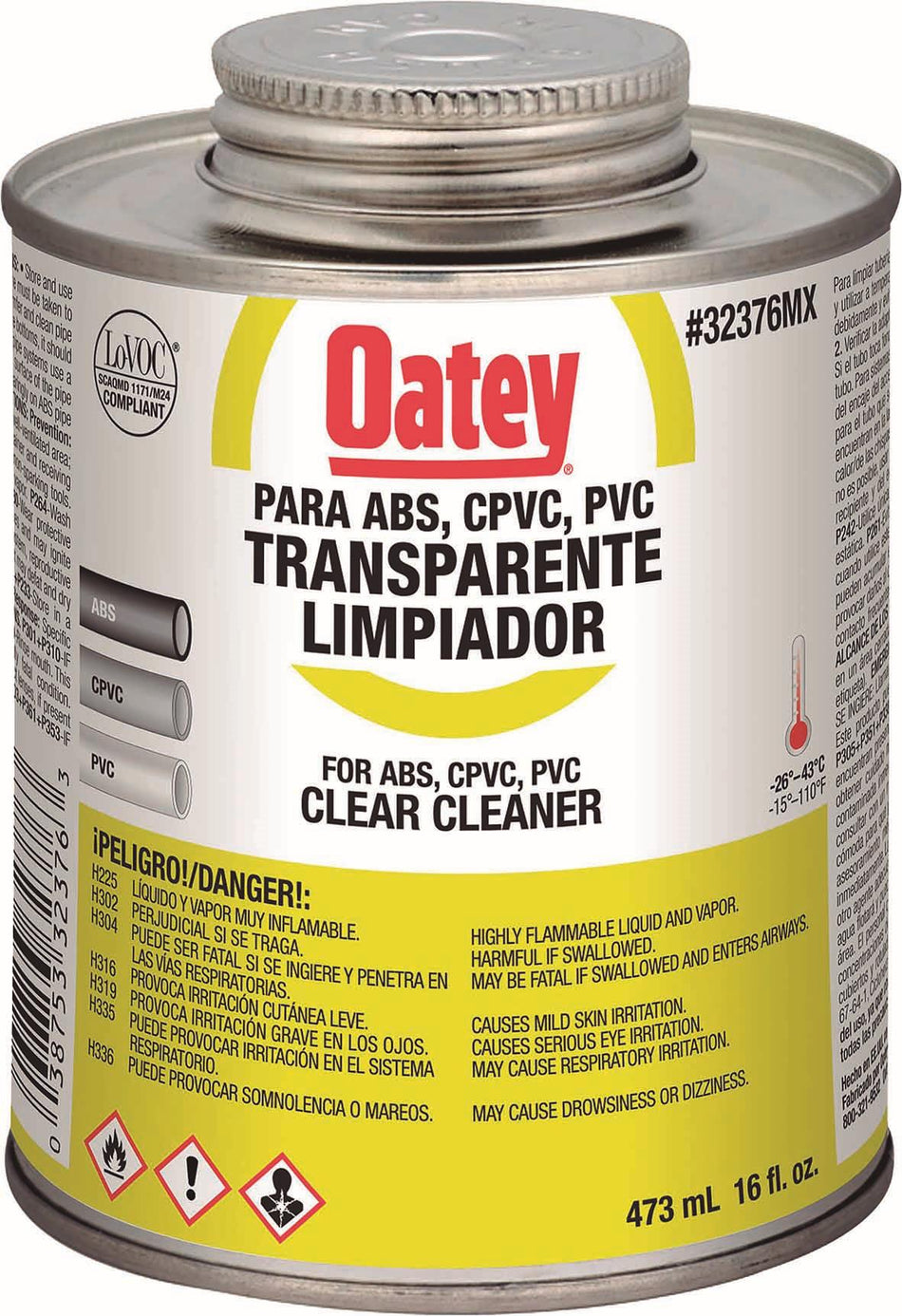 Limpiador Transparente Para Tubos Y Conexiones De Pvc/Cpvc (16 Oz / 473 Ml), Modelo 32376Mx, Oatey Pg3174