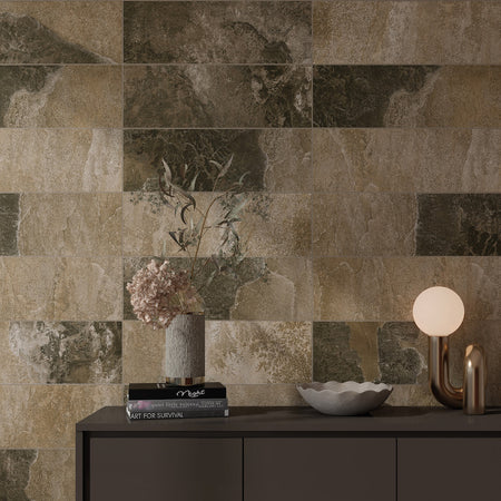 Kampala 20x60 — Render de ambiente con credenza, piedra rústica y elegante HD