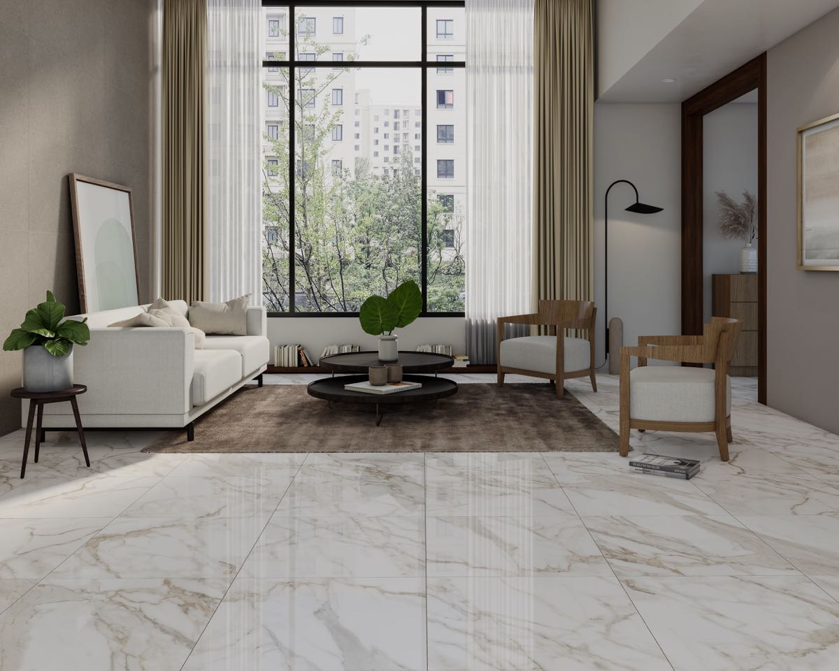 Mazarello — Render de sala con piso porcelánico tipo mármol brillante 61x61