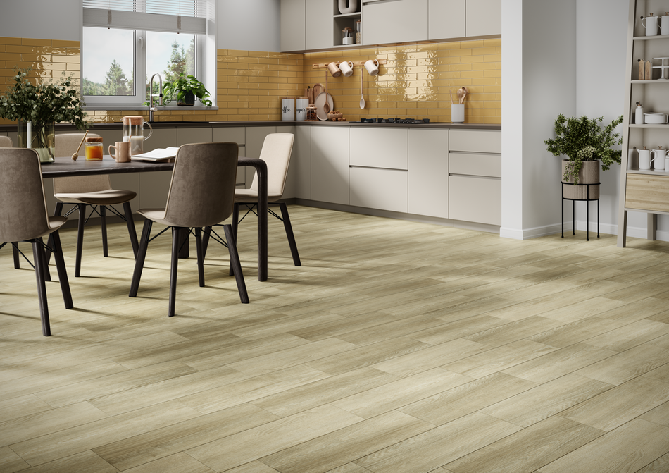 Render Memphis piso cerámico madera mate cocina Cesantoni