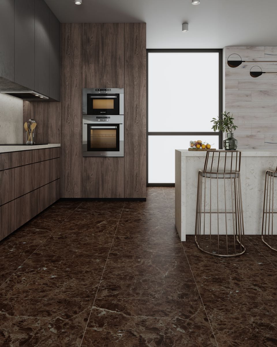Ravelo - Piso Gres Mármol Mate Rectificado 61x61 cm - Render Cocina