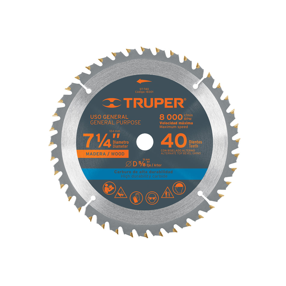 Disco de Sierra Circular para Madera 7-1/4 Pulg 40 Dientes Eje 5/8, TP18301