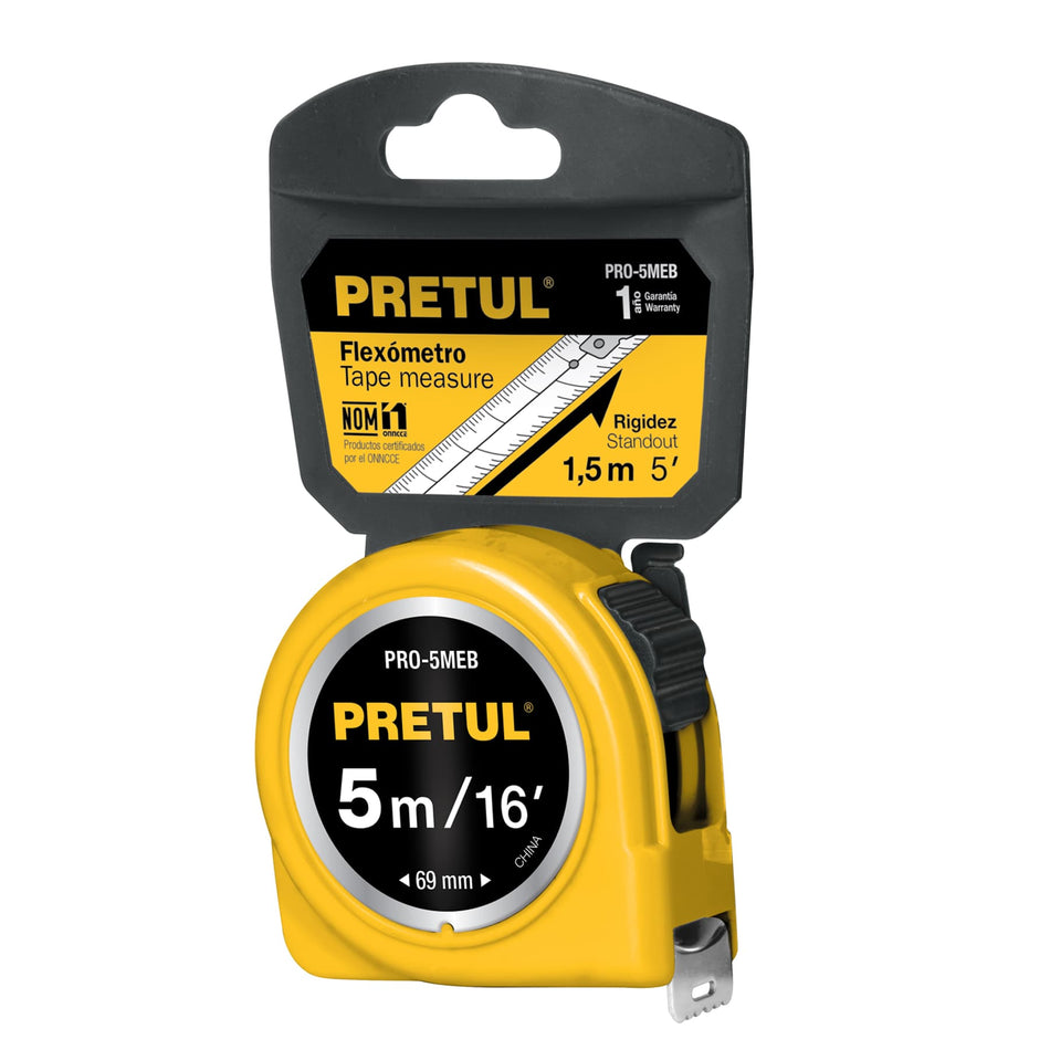 Flexómetro Amarillo Pretul 5 Metros Cinta 3/4 Pulg Alta Durabilidad, TP21606