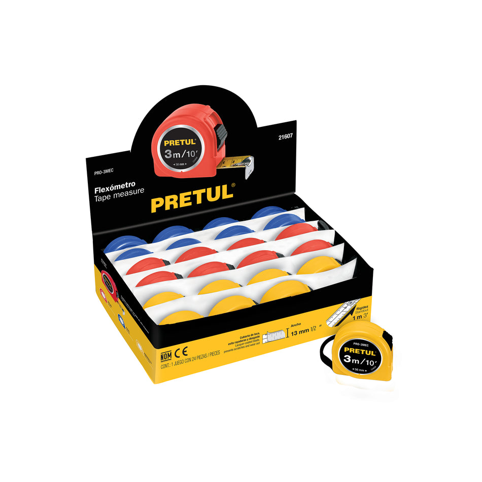 Flexómetro Pretul Pro-3Mec de 3 Metros Varios Colores Alta Precisión, TP21607