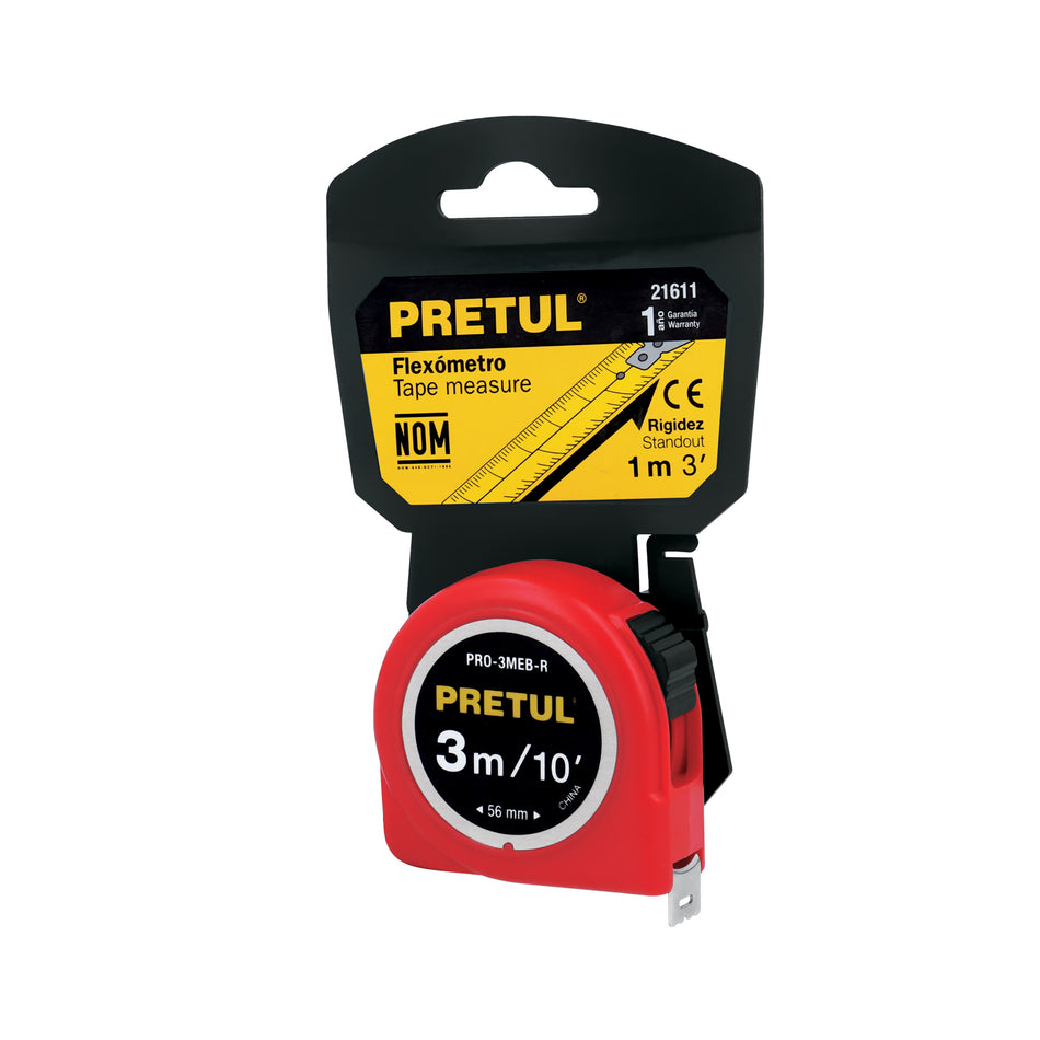Flexómetro Rojo Pretul 3 Metros Cinta 1/2 Pulg Resistente, TP21611